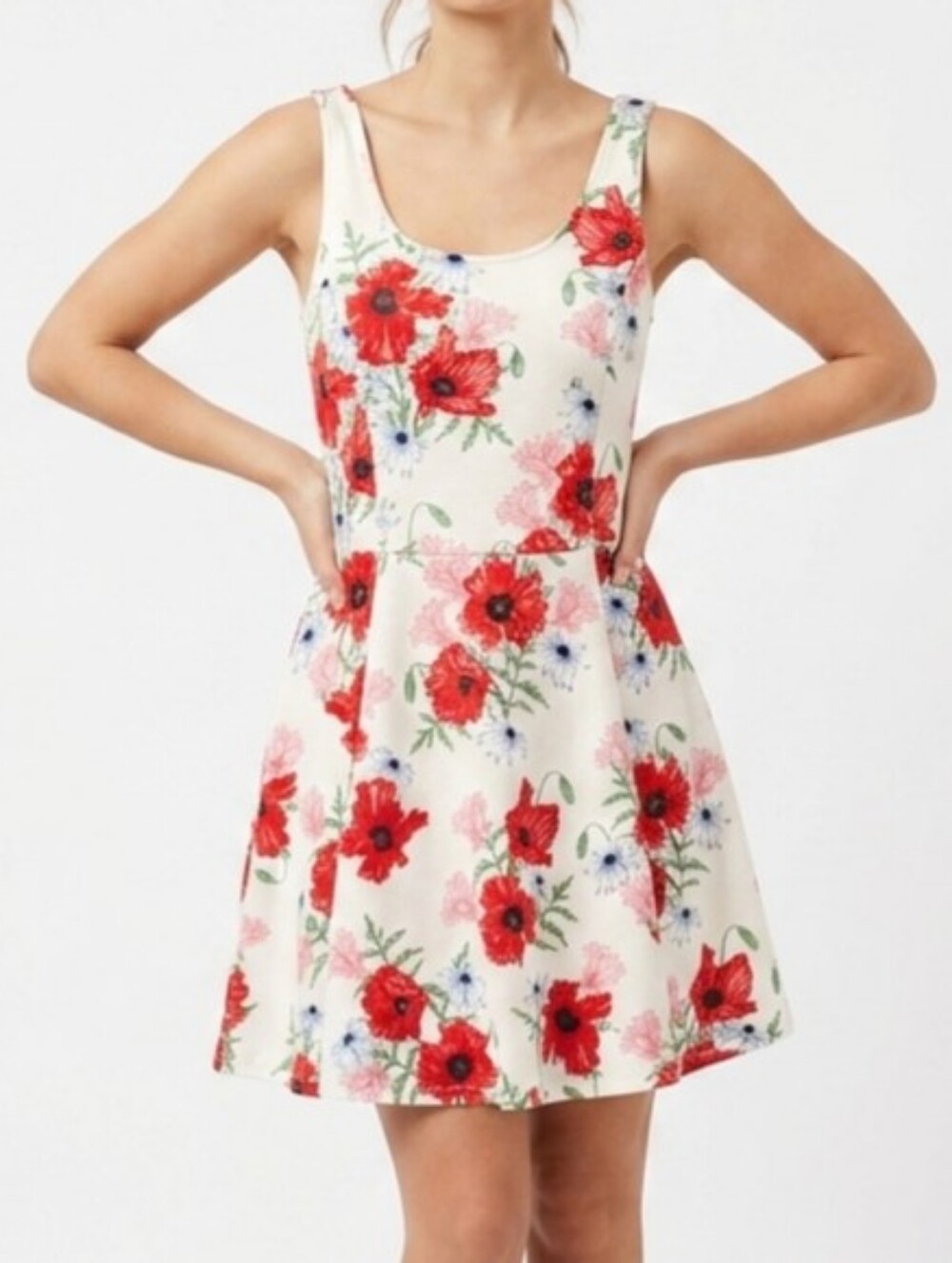 H&M DIVIDED white floral Mini Summer Flare dress - Size 4